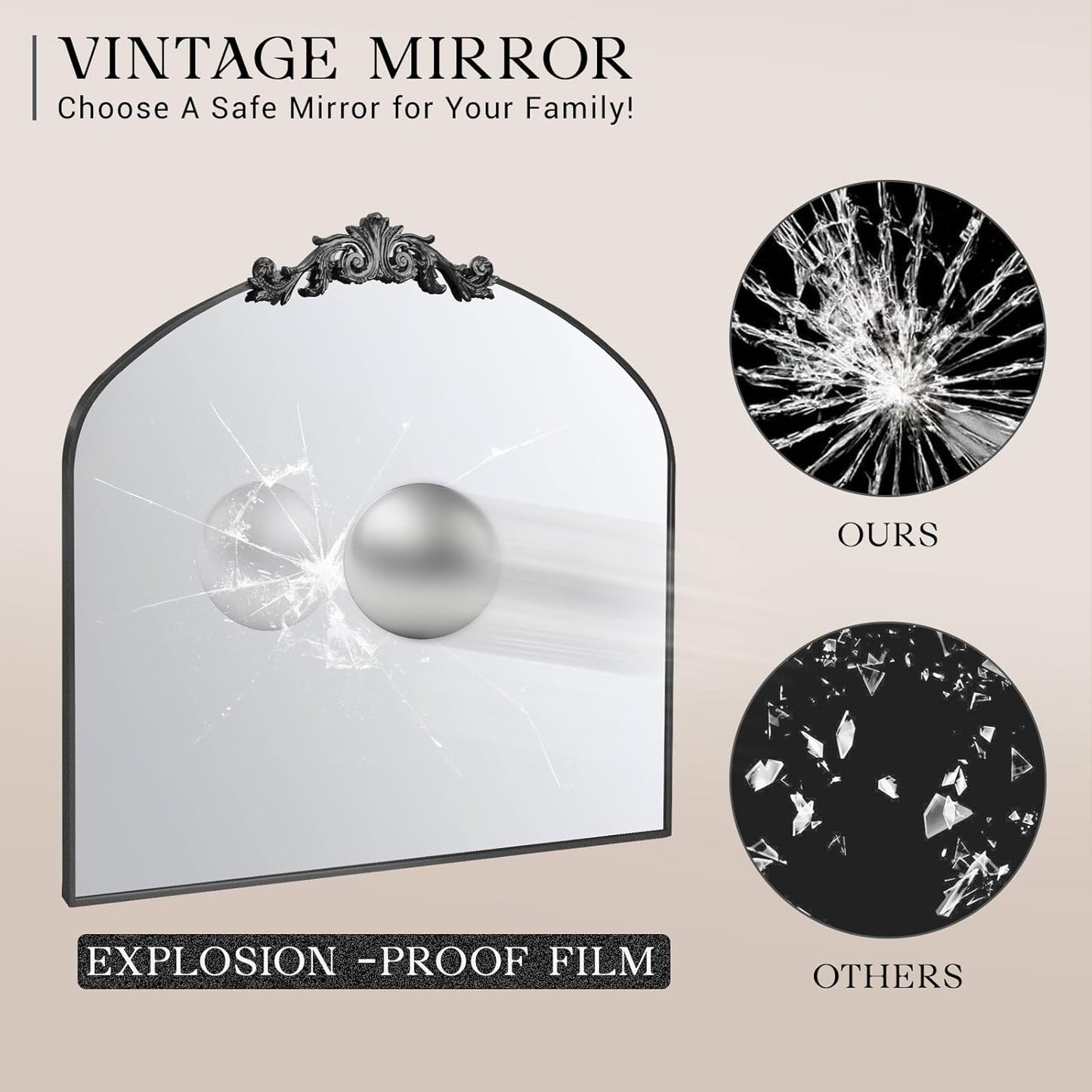 MISSDAY Vintage Matte Black Baroque Mirror for Wall, 36"X30" Arched Antique Wall Mirror with Elegant Carving Top, Full Metal Frame Wall-Mounted Mirror for Bathroom, Living Room, Fireplace, Entryway