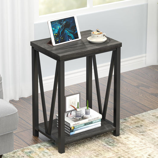 FOLUBAN Small Side Table, Rustic Wood and Metal End Table with Storage, Vintage Night Stand for Living Room Bedroom Office, Dark Gray