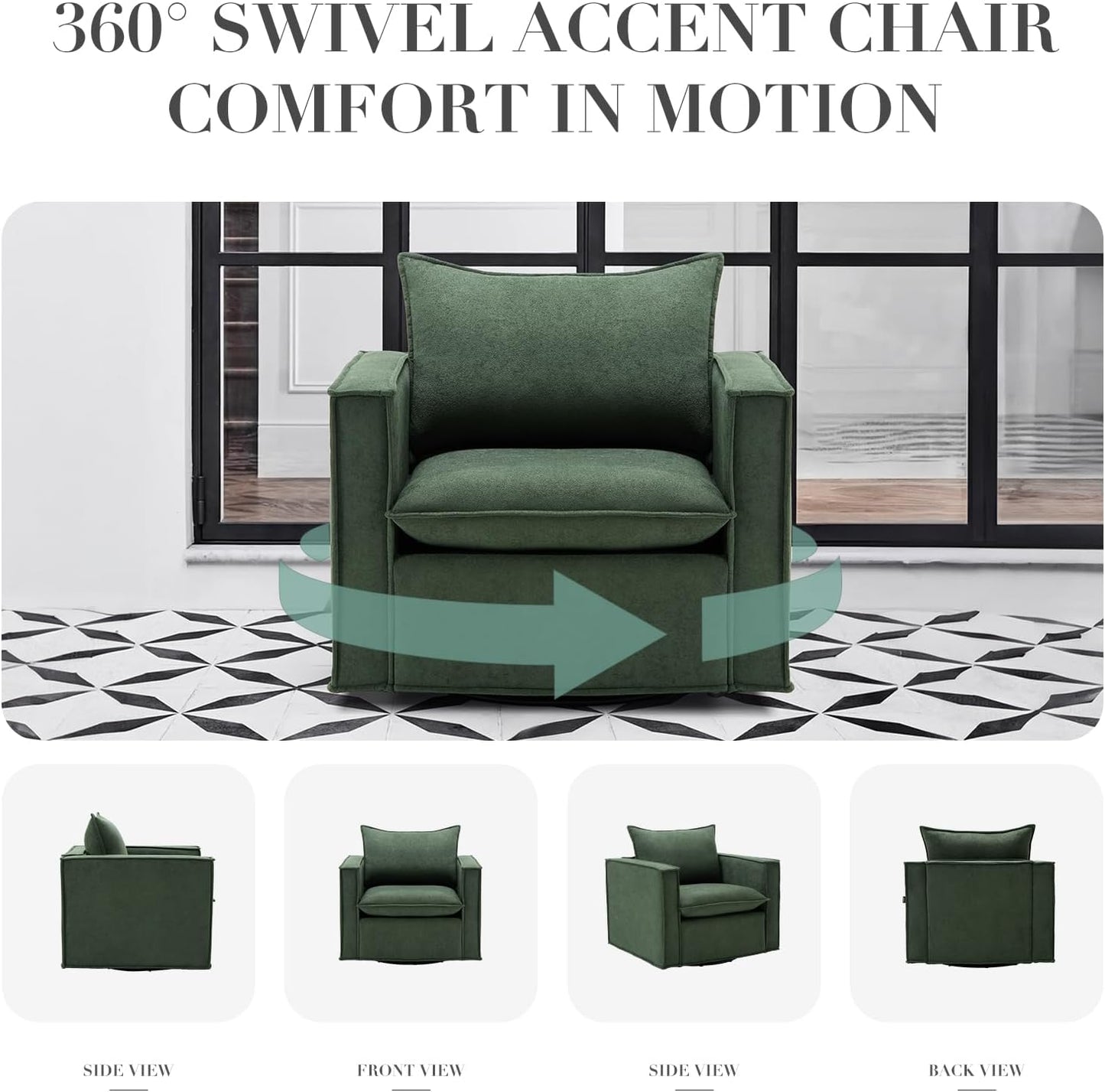 COLAMY Swivel Accent Chair Set of 2, Wide Upholstered 34in Living Room Chairs with Pillow Modern Comfy ArmChair Bedroom Reading Room Chair Sofa,Green