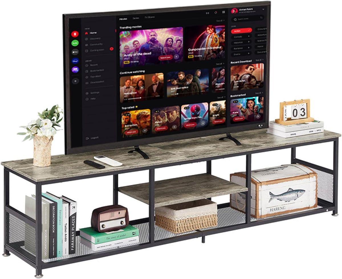 VECELO Industrial TV Stand for Televisions up to 80 Inch, 70" Entertainment Center with Open Storage Shelves for Living Room/Bedroom, 3 Tiers Media Console Table with Metal Frame, Grey, 70 Inches