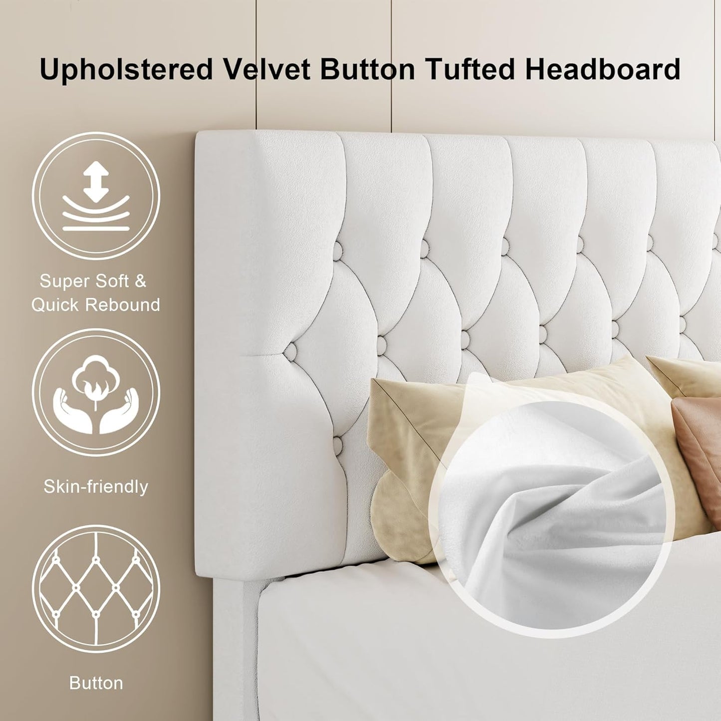 Feonase King Size Velvet Platform Bed Frame, Upholstered Bed with Button Tufted Headboard, Sturdy Wooden Slats & Heavy Duty Feet, No Box Spring Needed, Noise-Free, Easy Assembly, White