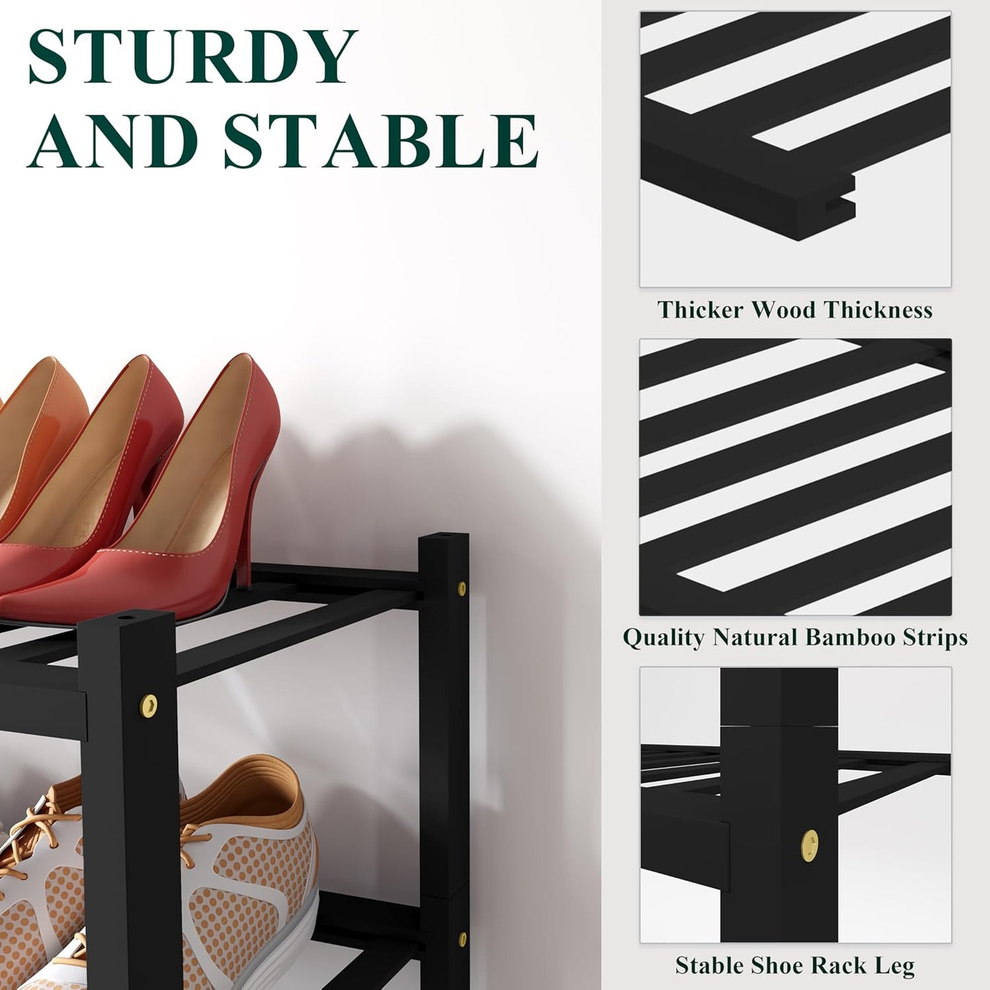Smiry Shoe Rack, 4 Tier Small Bamboo Shoe Organizer, Stackable Free Standing Wooden Shoe Storage Shelf for Closet, Entryway, Front Door Entrance, Black