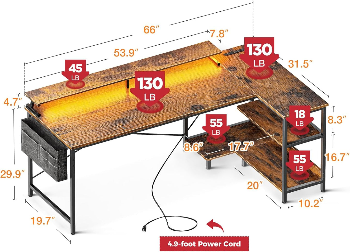 ODK 66 Inch Gaming Desk with USB Charging Ports and LED Lights, Reversible L Shaped Computer Desk with Storage Shelves & Monitor Stand, Home Office Desk Table with Power Outlets, Vintage