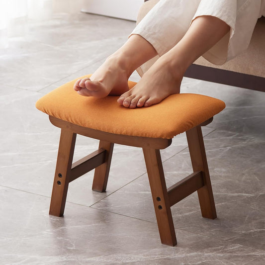 Foot Stool,Ottoman,Bamboo Small Sofa Foot Rest Under Desk,Extra Seating for Living Room, Bedroom and Kitchen(Brown Stool Legs - Orange Surface)