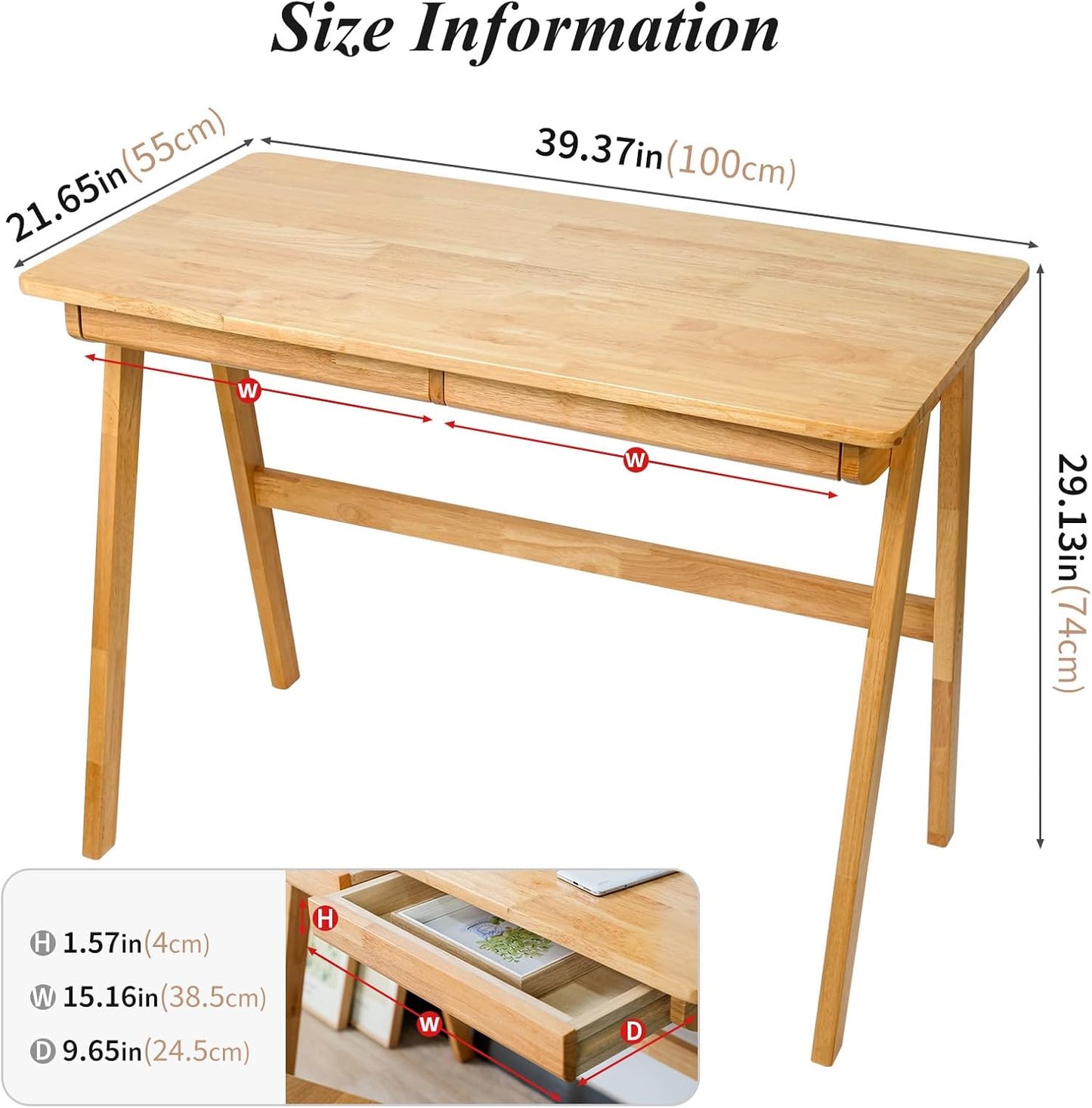 Computer Desk with Drawers, Solid Wood Writing Desk, Mid Century Modern Home Office Desks, Oak Study Table, Small Desk for Bedroom, 29.1 H x 39.4 W x 21.7 D Inches, Natural
