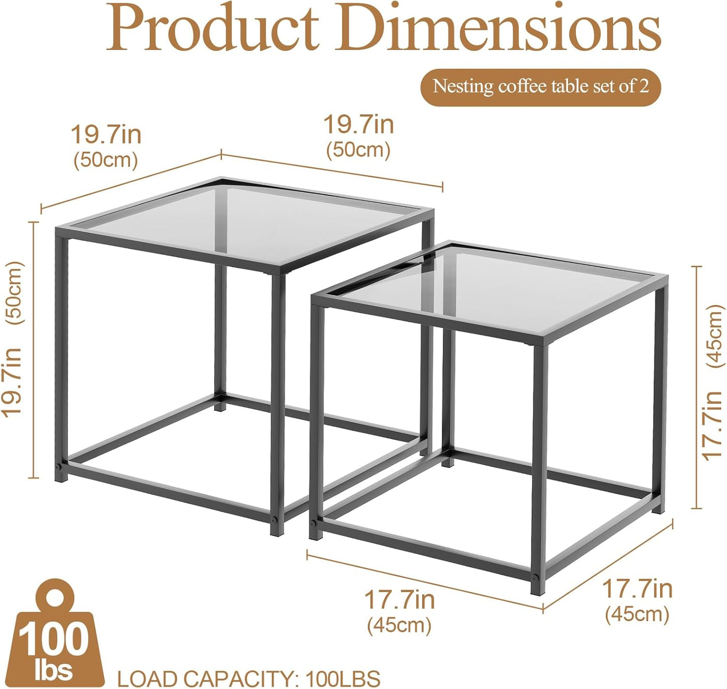 Garden 4 you Coffee Table Set of 2, Modern Glass Nesting Table, Metal Frame Square Center Table Set, Side Tables, Nesting Coffee Table for Living Room, Bedroom and Small Spaces, 19.7in Grey