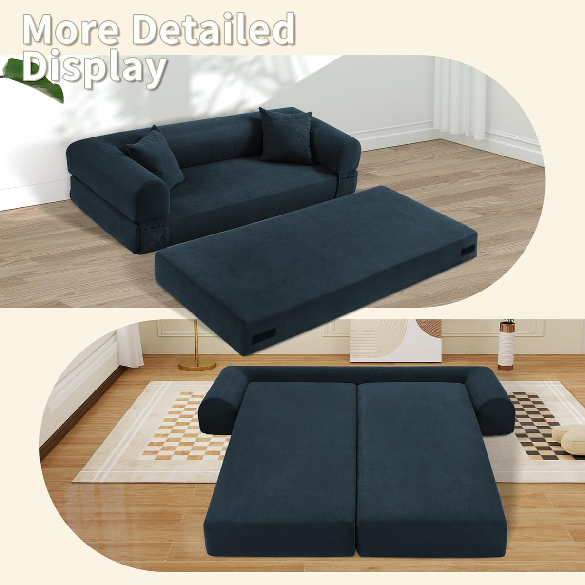80" Convertible Sofa Bed, Corduroy Deep Seat Folding Pull Out Couch with Pillows, No Assembly Modern Boneless Couch Compression Sofa in Box, Floor Sofa with Storage Pocket for Living Room,Dark Blue