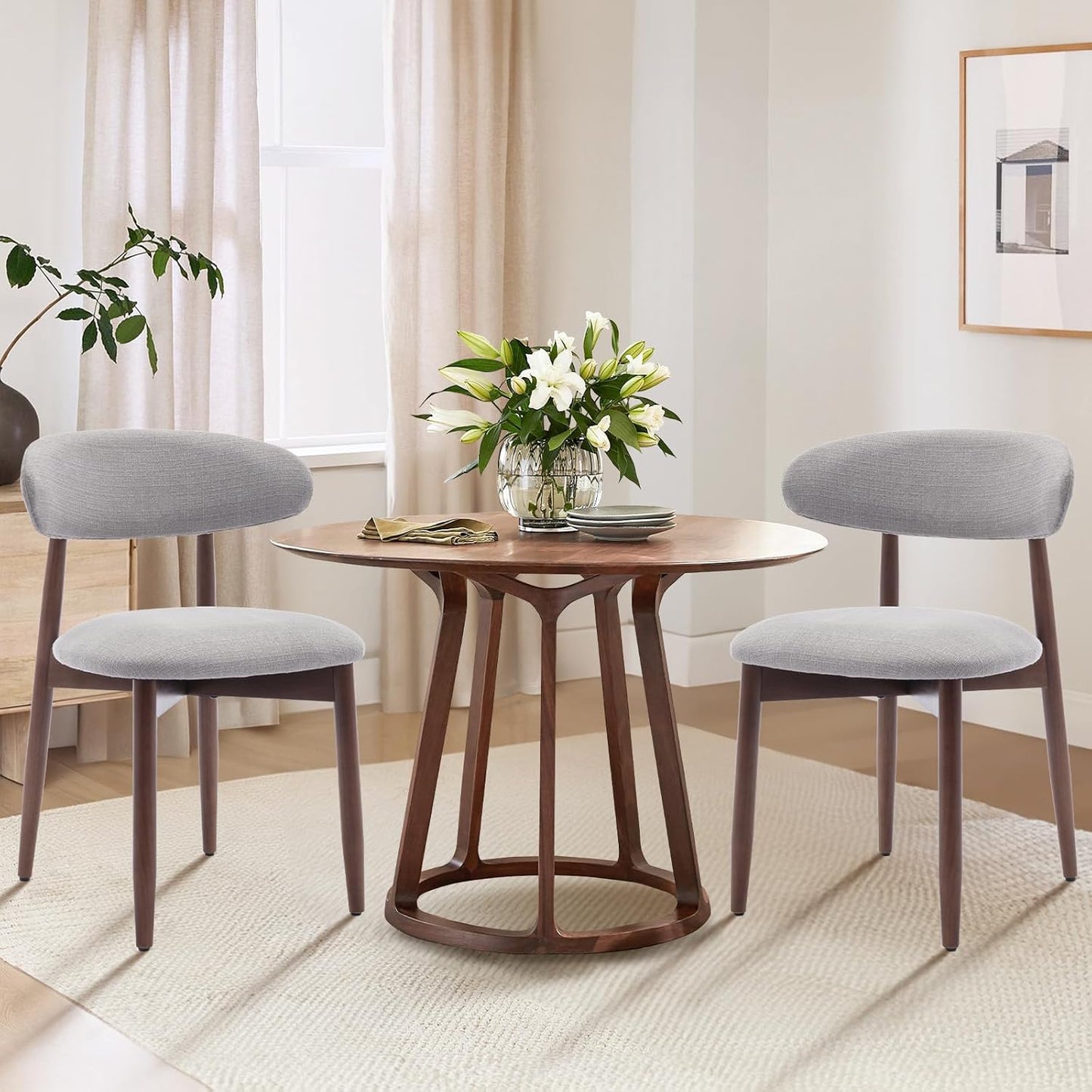 COLAMY Wooden Dining Chairs Set of 2, Modern Fabric Upholstered Dining Room Chair, Farmhouse Kitchen Chairs with Foot Pegs, Light Grey