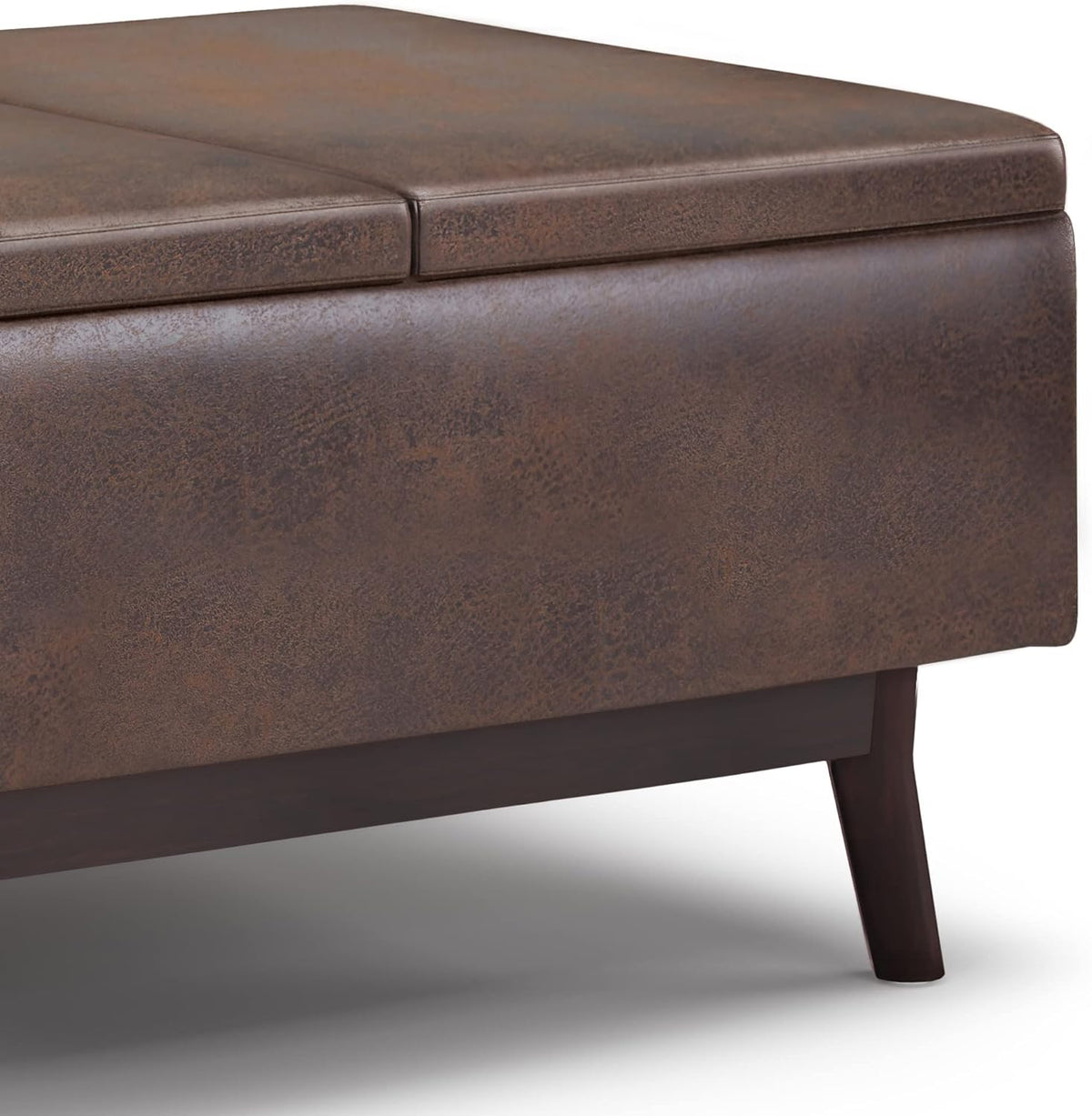 SIMPLIHOME Owen 34 inch Wide Mid Century Modern Rectangle Coffee Table Storage Ottoman Distressed Chestnut Brown/Flip Over Tray top