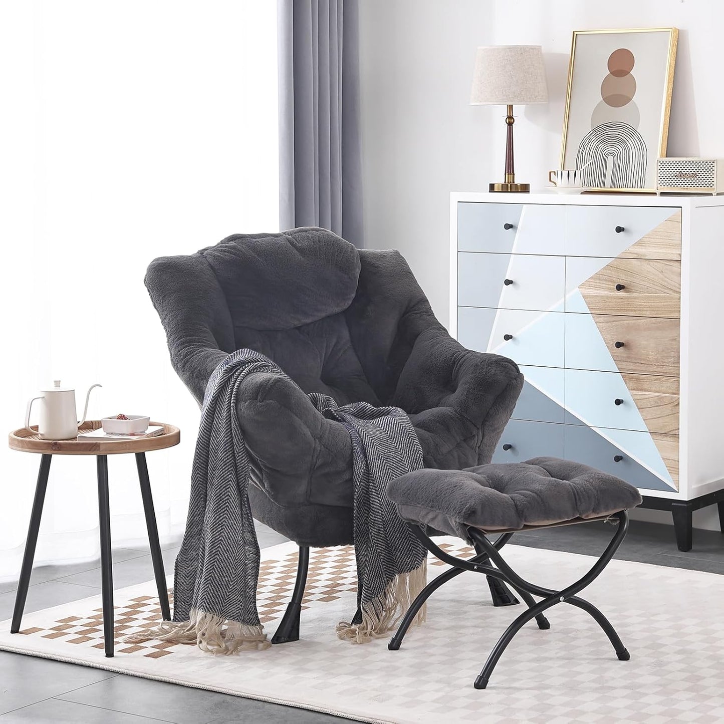 LITA Lazy Chair with Ottoman, Modern Accent Leisure Upholstered Sofa Chair, Lounge Reading Chair with Armrests and a Side Pocket for Living Room, Bedroom & Small Space, Plush Navy