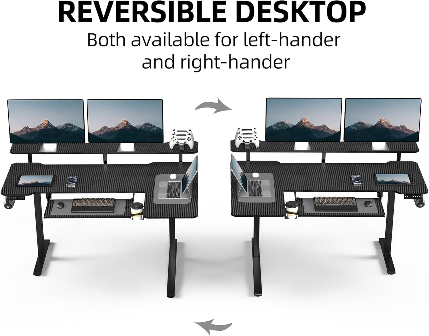 59 Inch L Shaped Standing Desk with Shelves and Keyboard, Electric Corner Standing Desk Adjustable Height, Sit Stand Computer Table with Reversiable Splice Board,Black Carbon Top