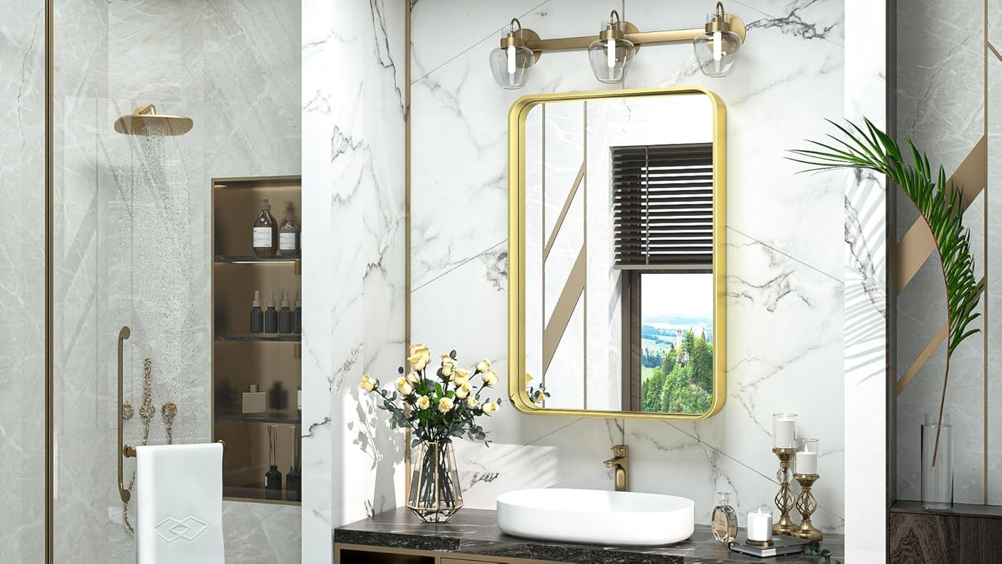 TokeShimi 16x24 Gold Bathroom Wall Mirror Vanity Metal Frame Round Corner Rectangular for Home Decor Living Room Entryway (Horizontal/Vertical)