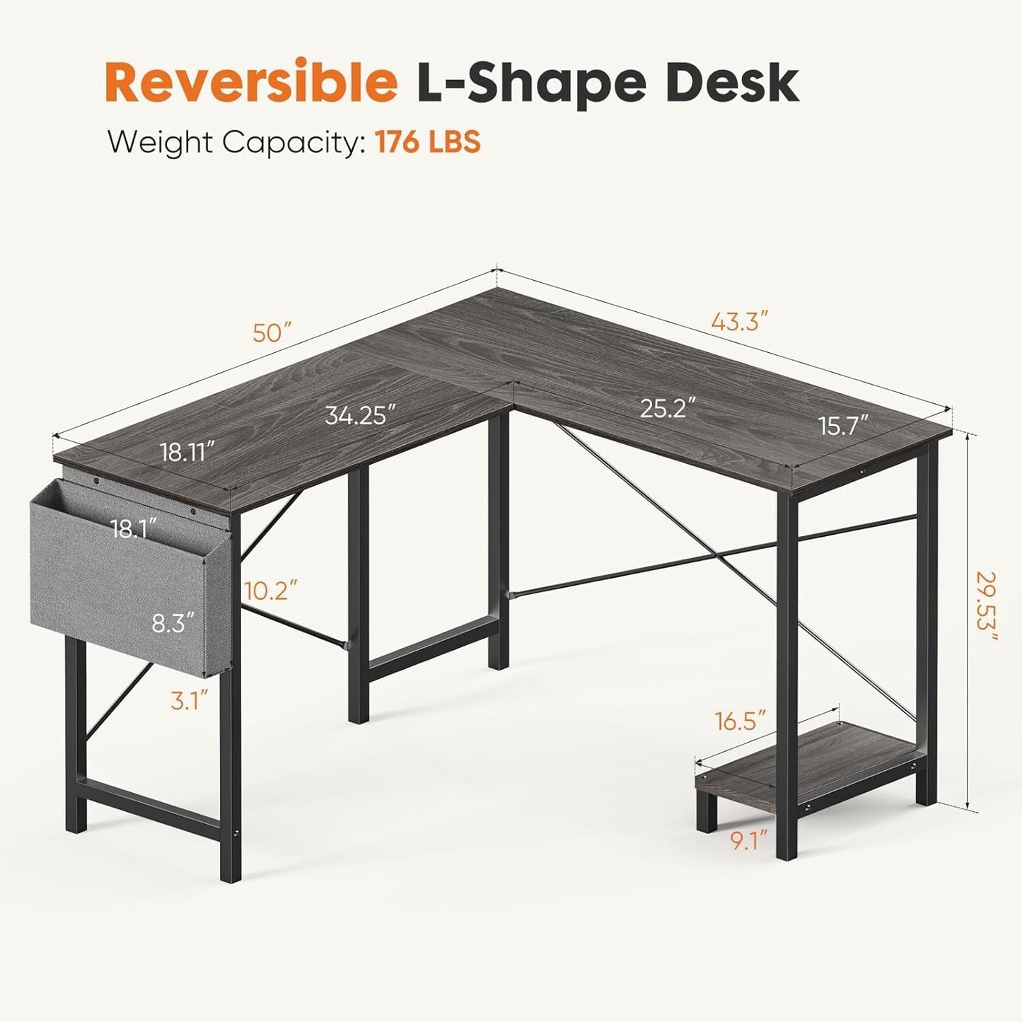 Whitmor L Shaped Gaming Desk - 50 Inch Reversible Corner Computer Desk with Wood Top, Metal Frame, CPU Stand & Side Bag, Home Office Dorm Sturdy Writing Workstation, Grey