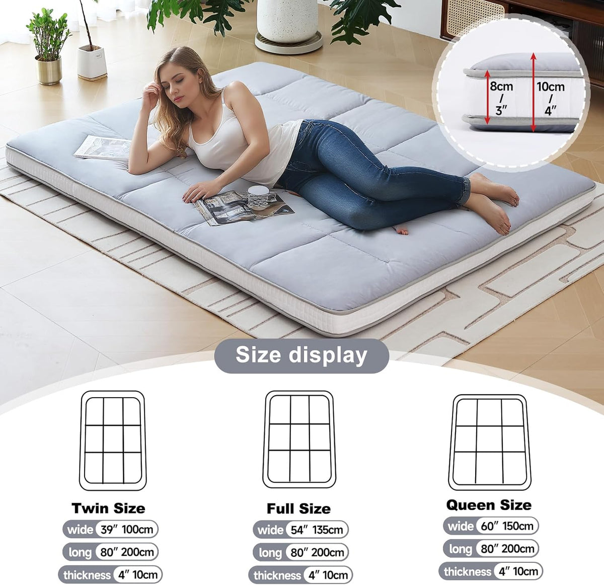 Tiita Memory Foam Mattress Topper Twin Size, 4" Thicken Futon Mattress with Storage Bag and 2 Straps, Portable Roll Up Travel Car Camping Mattress Floor Sleeping Pad, Grey