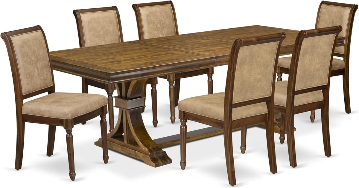 LECY7-AWA-28 7-Piece Dining Table Set Includes a Kitchen Table and 6 Beige Polyester Fabric Dinner Chairs with High Back - Antique Walnut Finish