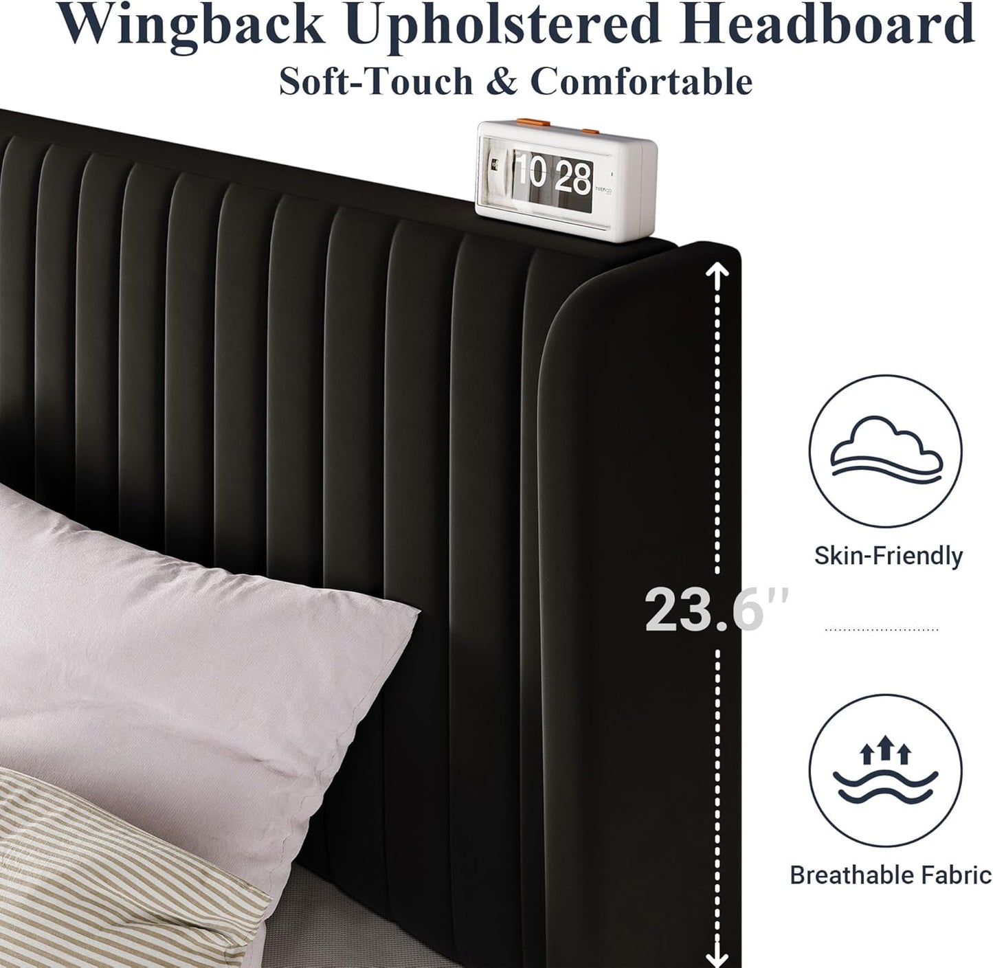 Allewie Queen Size Velvet Bed Frame/Vertical Channel Tufted Wingback Headboard/Upholstered Platform Bed/Strong Wooden Slats/No Box Spring Needed/Easy Assembly/Black