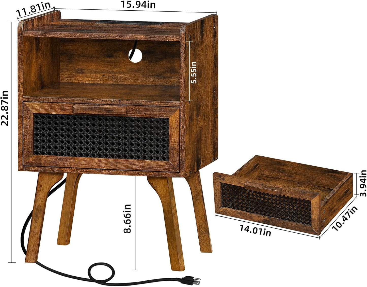 Lerliuo Rattan Nightstand with Charging Station, Side Table with Drawer Open Shelf, Cane Accent Bedside End Table with Solid Wood Legs, Night Stand for Bedroom, Dorm and Small Spaces (Brown)