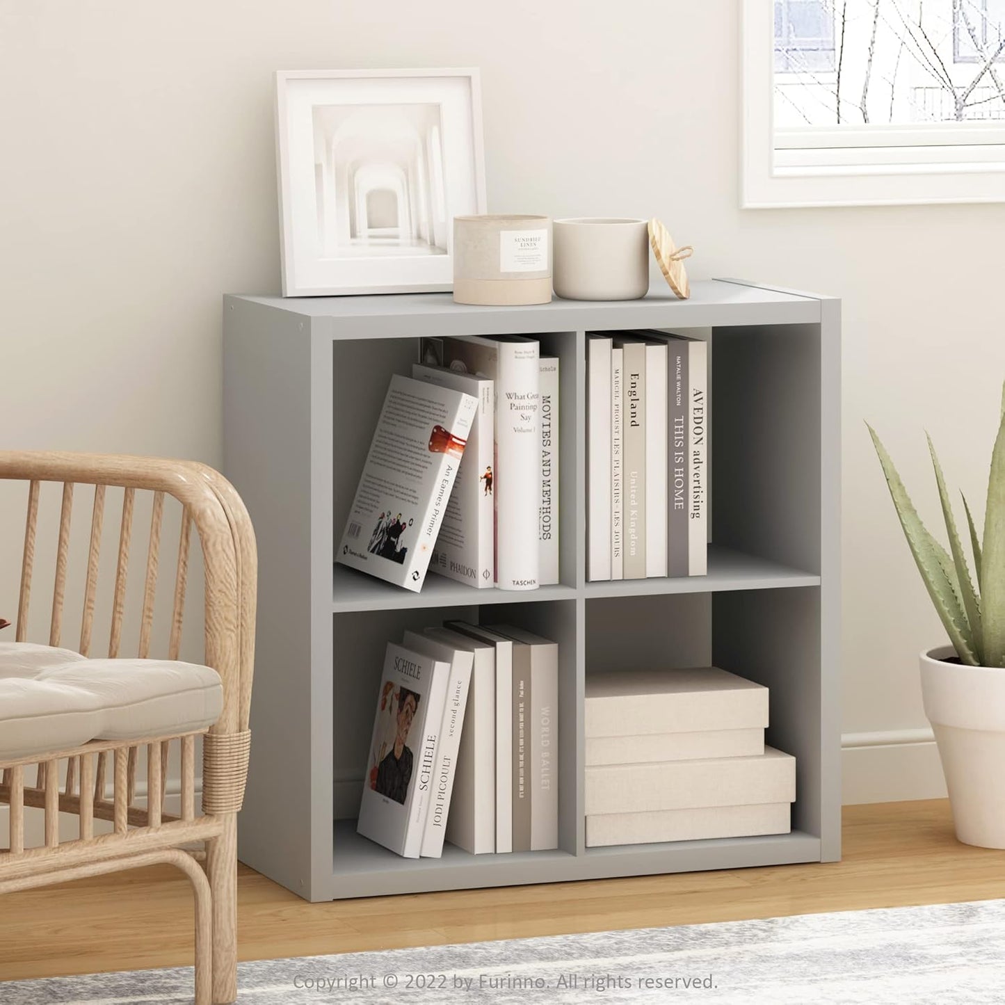 Furinno Cubicle Open Back Decorative Cube Storage Organizer, 4-Cube, Light Grey