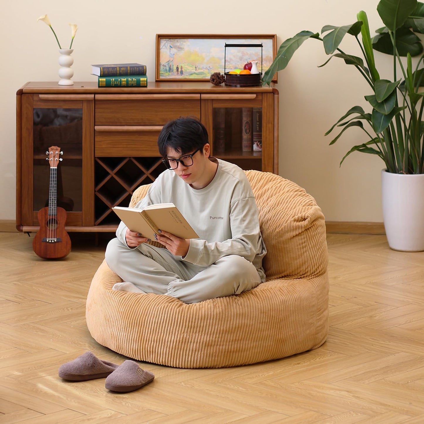 N&V Large Crescent Bean Bag Chair, Adult Size Bean Bag Sack, Foam Filling, Soft Premium Corduroy Bean Bag for Living Room Bedroom Dorm and Office (Beige)
