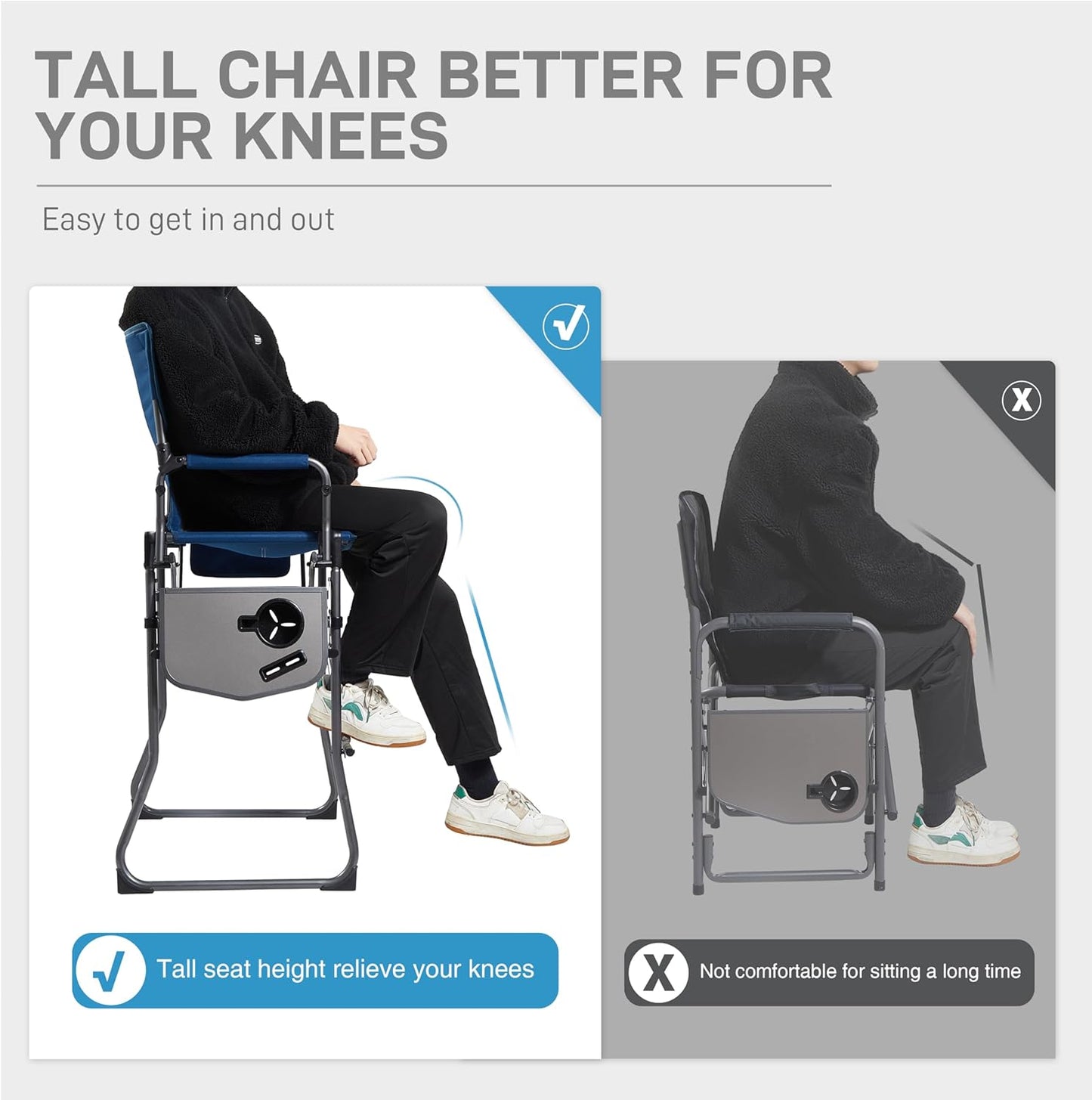 EVER ADVANCED Portable 30.7" Seat Height Tall Folding Chair Directors Chair High Foldable Bar Stool with Side Table for Makeup Artist, Camping, Sports Event, Craft Show, Supports 350LBS Blue Grey