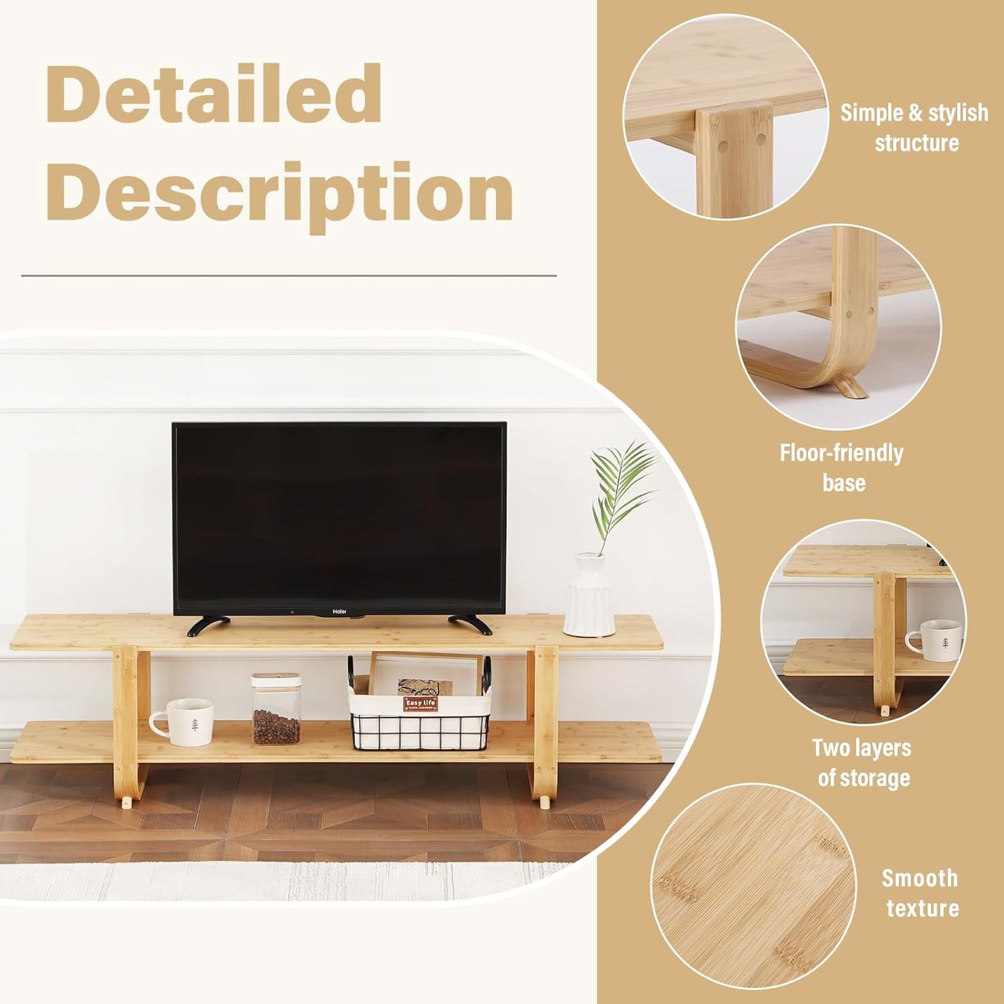 Welnow Bamboo TV Stand for Up to 65 Inch, Mid Century Modern Entertainment Center with 2-Tier Open Shelves, Storage Media Console Table for Living Room, Bedroom, Natural