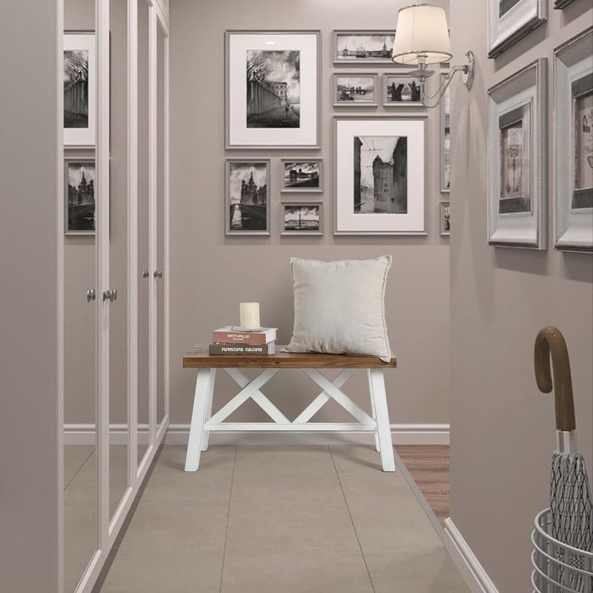 Wnutrees 30" Farmhouse Wood Bench, Rustic Solid Wood Entryway Bench Seat with Double X-Structure for Dining Room, Living Room, Hallway, Structural Stability, White