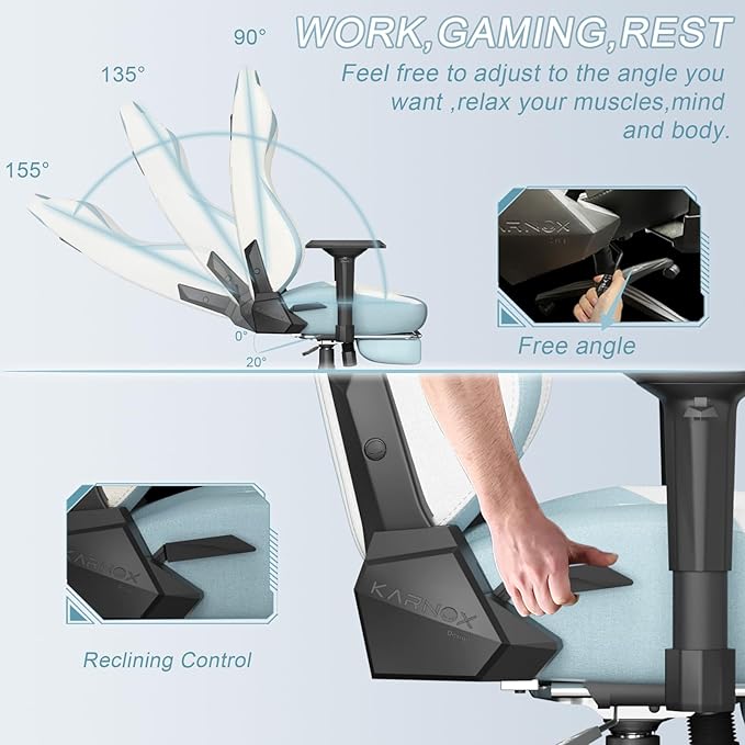 KORNOX Ergonomic Gaming Chair Fabric with Footrest for Adults,Office Chair High Back,Game Chair Racing Cloth Height Adjustable,Game Chair with Headrest and Lumbar Support for Girls,White and Blue