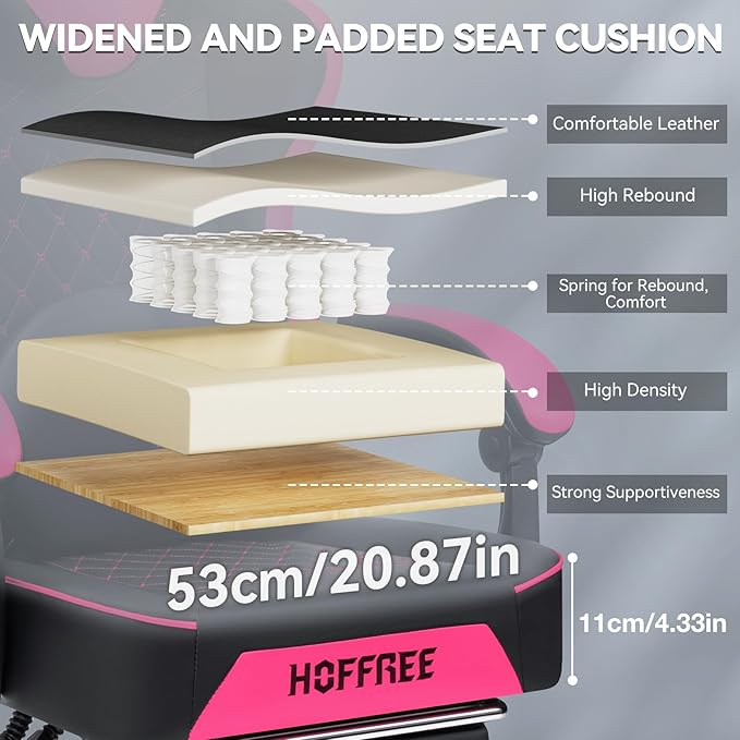 HOFFREE Gaming Chair with Speakers Massage Computer Gaming Chair with Pocket Spring Cushion for Adults Reclining Gamer Chair with Bluetooth Video Game Chairs with Footrest Pink and Black