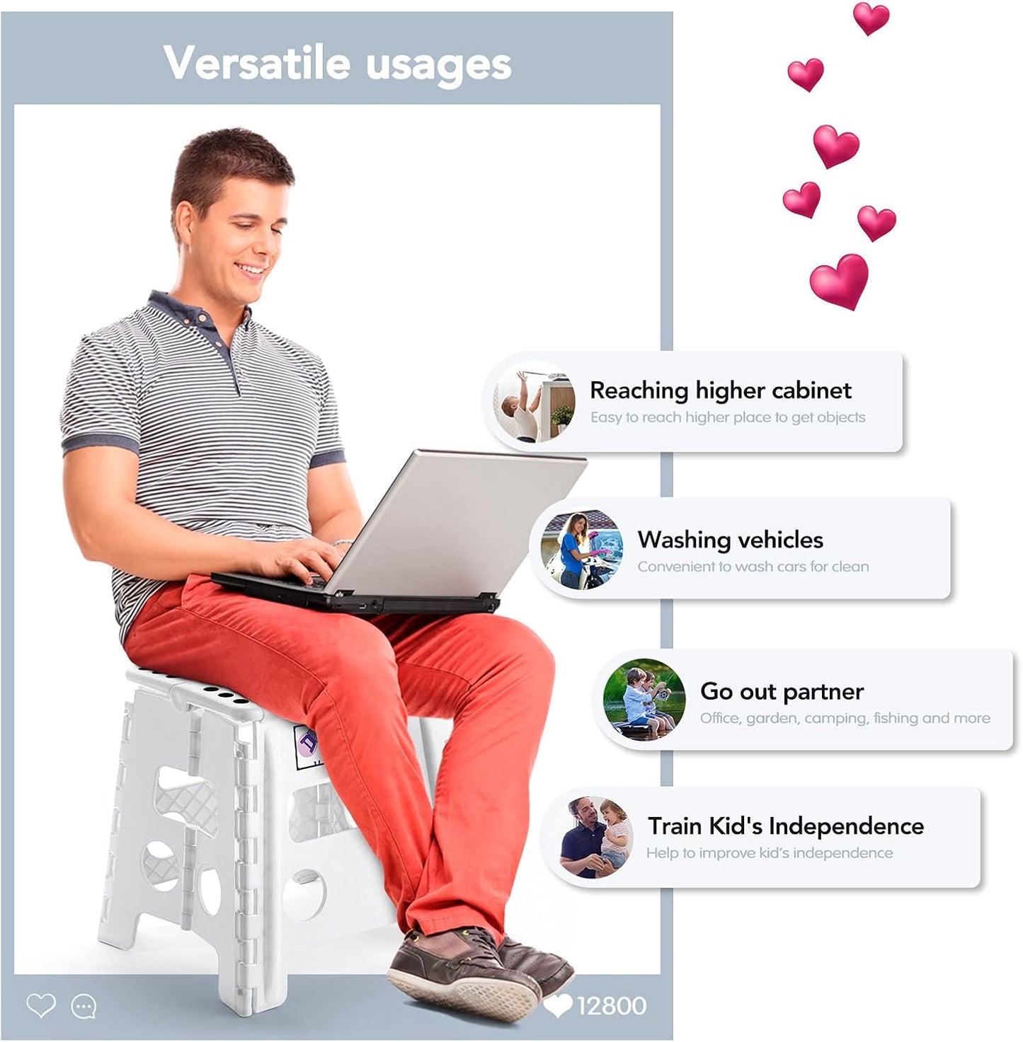 Delxo 13" Folding Step Stool, Non-Slip Foldable Step Stools with Handle,Plastic Portable Folding Stool for Bathroom,Bedroom,Kitchen,Hold up to 300lbs White