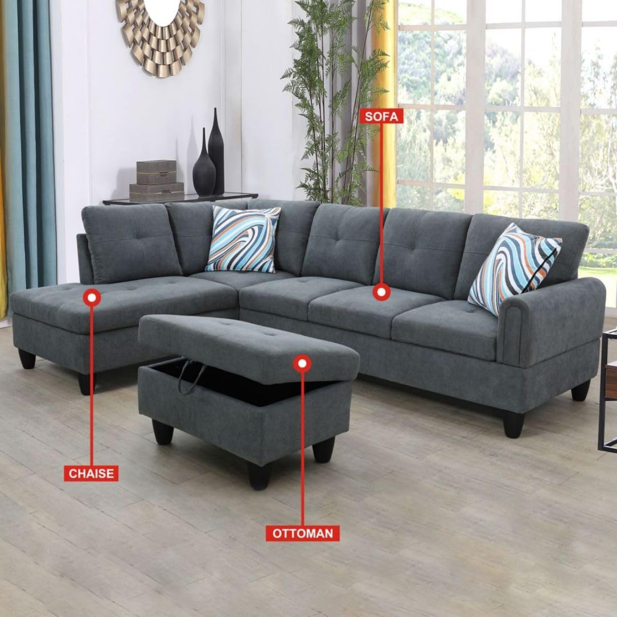 Dark Grey L-Shaped 3-Piece Flannel Sofa with Storage Ottoman Set, Sectional Couch Sofa Set for Living Room, Office, Small Space