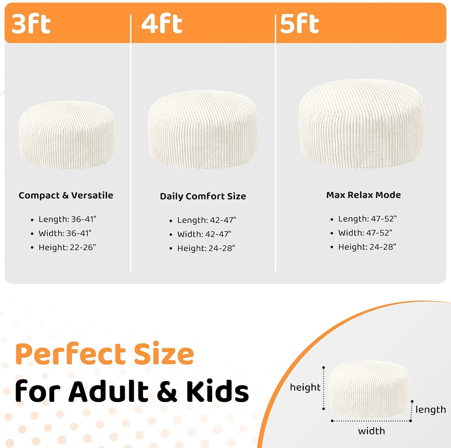 HABUTWAY 3FT Bean Bag Chair, 3' Large Bean Bag Chairs for Adults with Removable Stripe Plush Cover, Memory Foam Beanbag Chair for Living Room Bedroom Dorm (White)