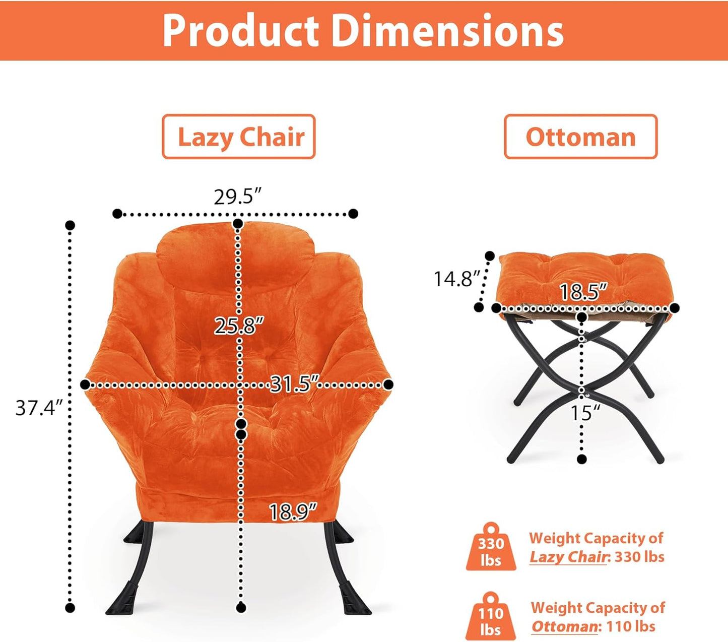 Lazy Chair with Folding Ottoman, Accent Chair Plush Upholstered with Metal Structure and Non-Slip Pads, Sofa Armchair with Footrest and Side Storage Bag for Dorm, Room, Office, Orange