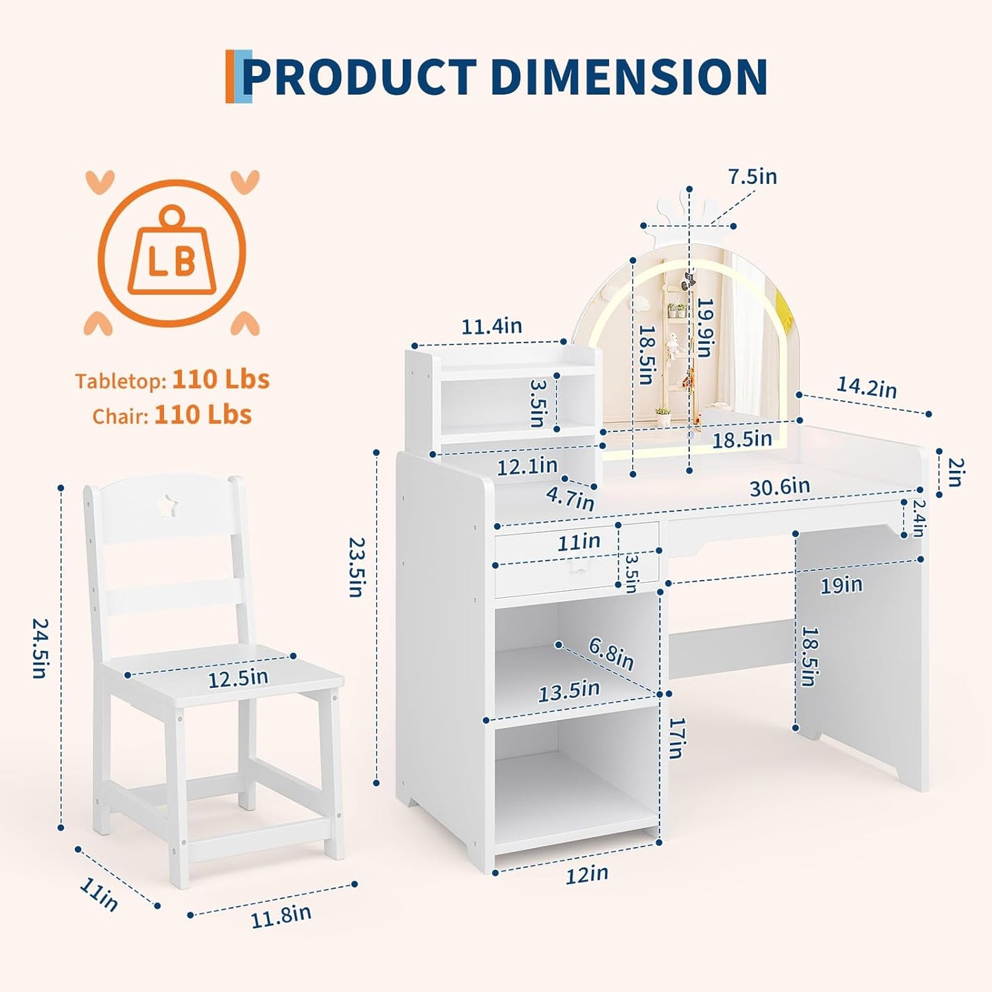 IDEALHOUSE Kids Vanity Table and Chair Set with Mirror and Lights, White Makeup Vanity Desk with Drawer and Open Storage Shelves, Wooden Dressing Table for Little Girls Bedroom