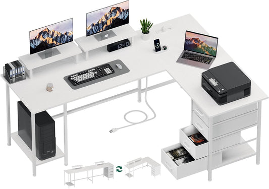66" L Shaped Computer Desk, 94.4'' Home Office Desk with Power Outlets, 4 Adjustable Storage Drawers & 2 Monitor Stands, Large Two Person Gaming Table for Writing Study, White