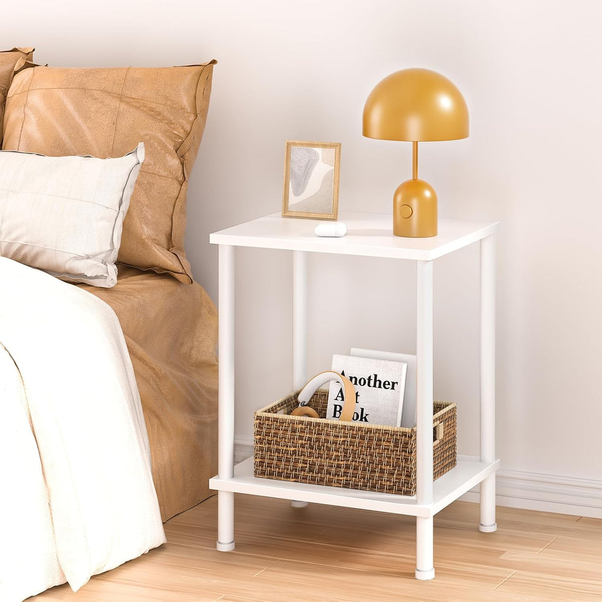 End Table,Small Side Table,2-Tier Nightstand with Storage Shelf,Sofa Bedside Table for Small Spaces in Living Room,Bedroom, Office,Stable Frame,Easy Assembly,White
