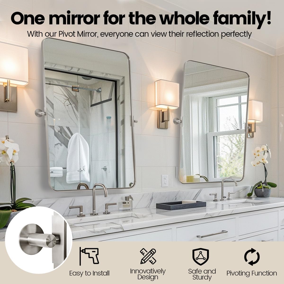 MOON MIRROR 22" x 30" Brushed Nickel Metal Framed Pivot Rectangle Bathroom Mirror, Silver Tilting Rounded Rectangular Vanity Mirror for Wall Hangs Vertical Only