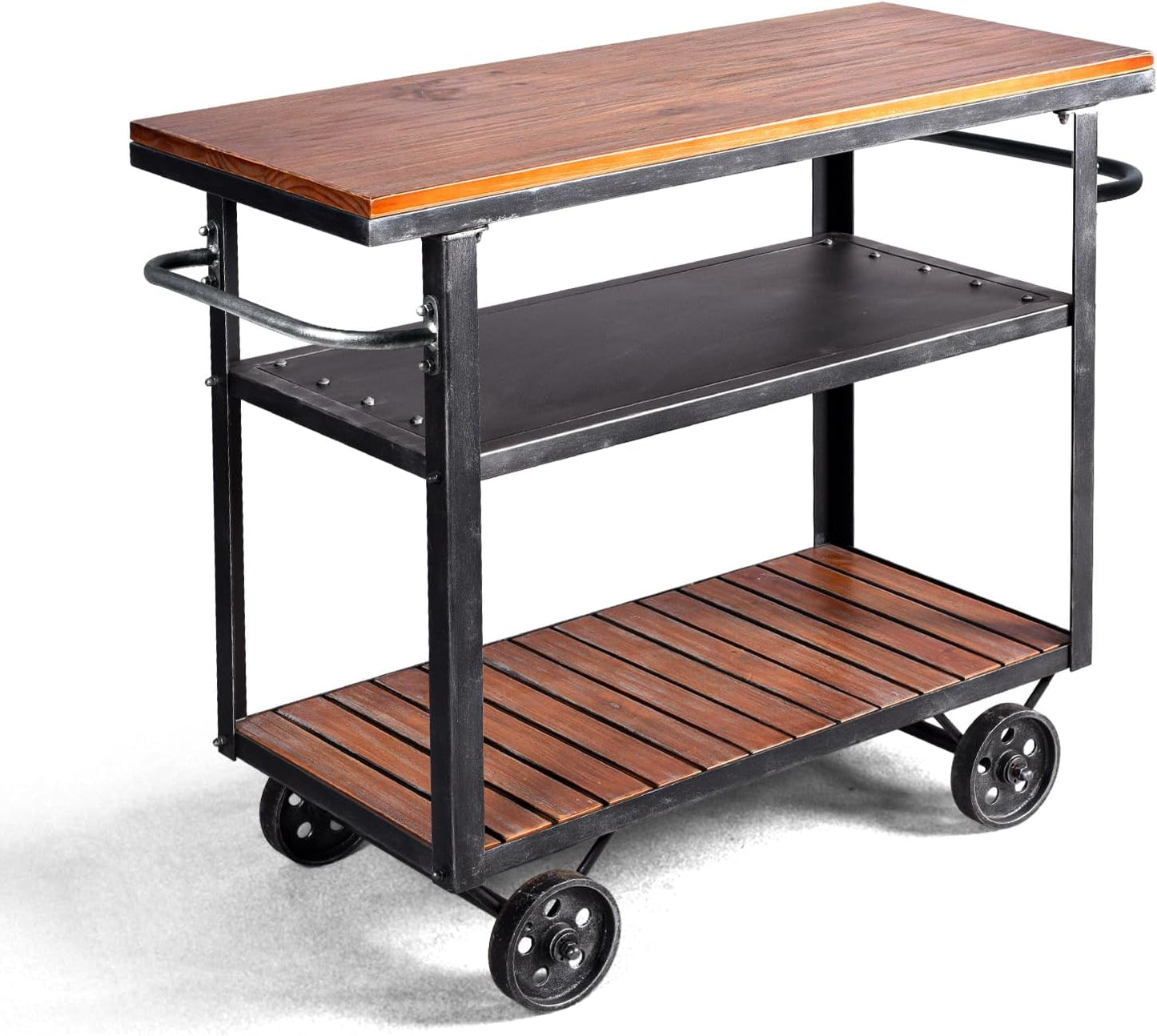 Vintage Rolling Bar Cart on Wheels Industrial Mobile Serving Cart Metal and Wood Design for Kitchen Bar Office Coffee House 36.2" Lx15.75 Wx30.5 H 3 Tier with 2 Side Handle