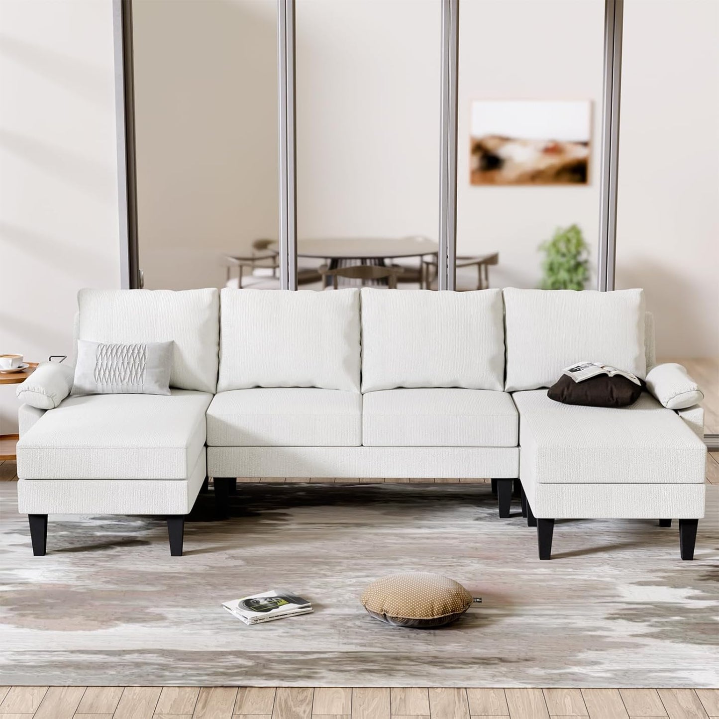 U Shaped Sectional Couch, Convertible Modular Sectional Sofa with Chaise & Ottomans, Modern 6 Seat U Shaped Couches for Living Room Apartment, Beige