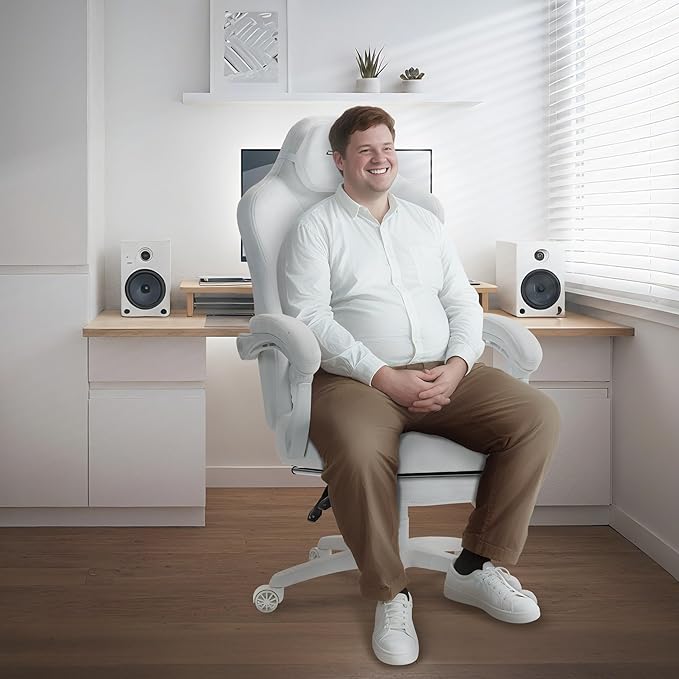 Dowinx Big and Tall Gaming Chair, Suede Fabric Game Chair with Pocket Spring Cushion, High Back Gamer Chair Ergonomic with Footrest for Adults Office, 440LBS, White