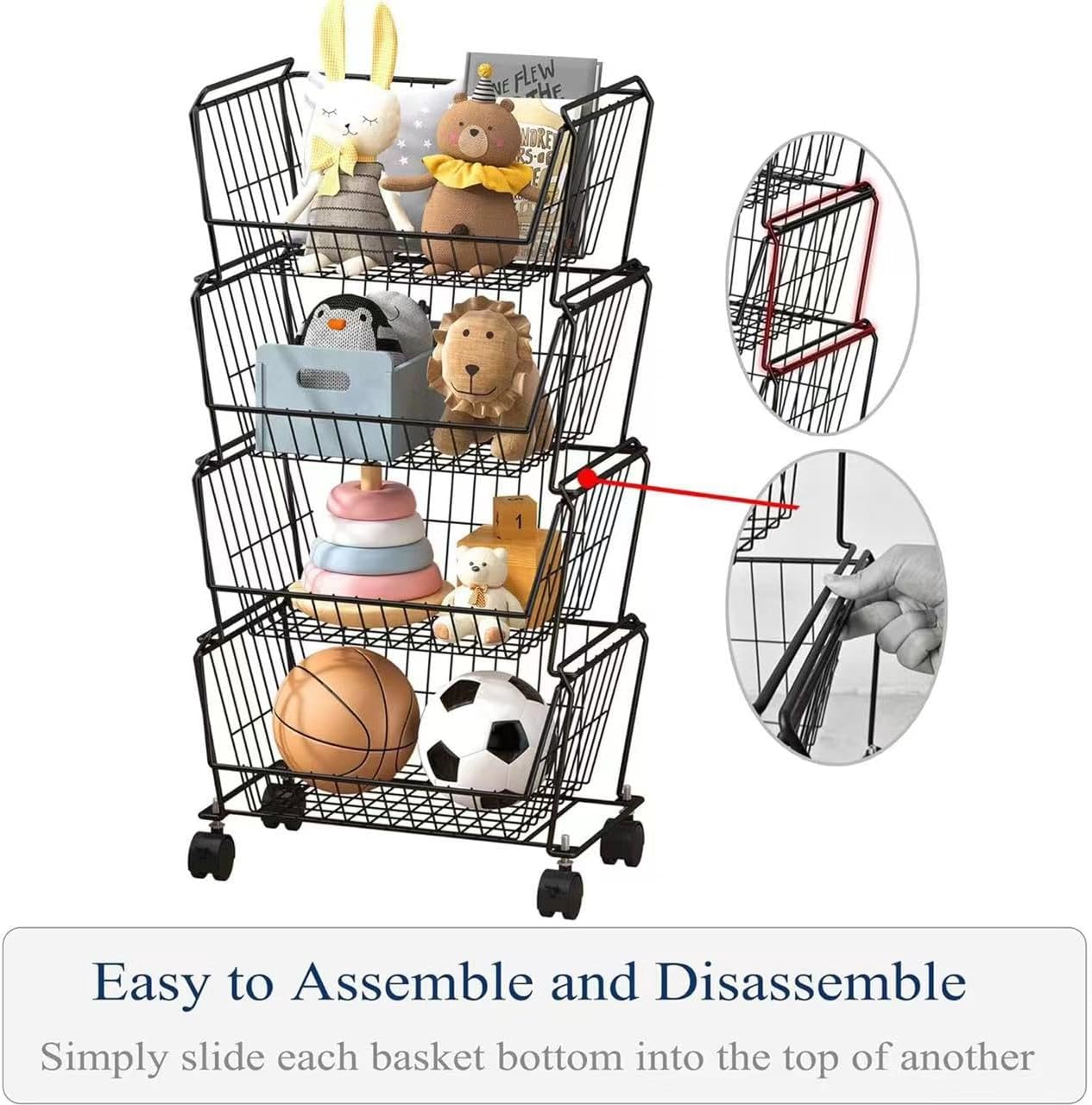 PUSDON Stackable Metal Storage Carts, Dual Use Shelf for Kitchen Fruit Vegetable Baskets with Wheels, Storage Rack for Living Room, Home & Office, Standard Black 6 Tiers