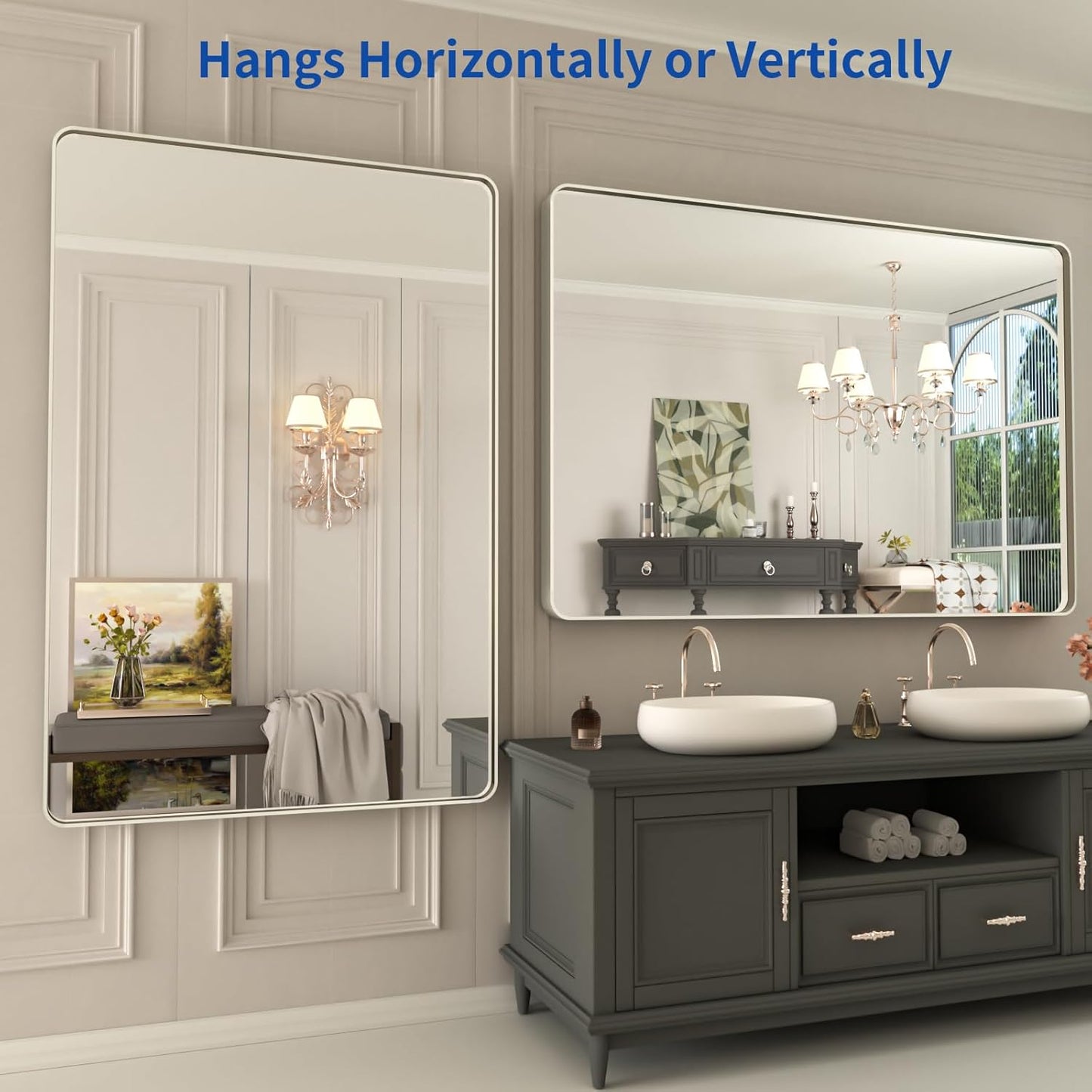 WEER 48X32 Inch Brushed Nickel Bathroom Mirror, Brushed Silver Metal Frame Mirror, Rounded Rectangle Silver Bathroom Vanity Mirror, Tempered Glass, Anti-Rust, Hangs Horizontally or Vertically