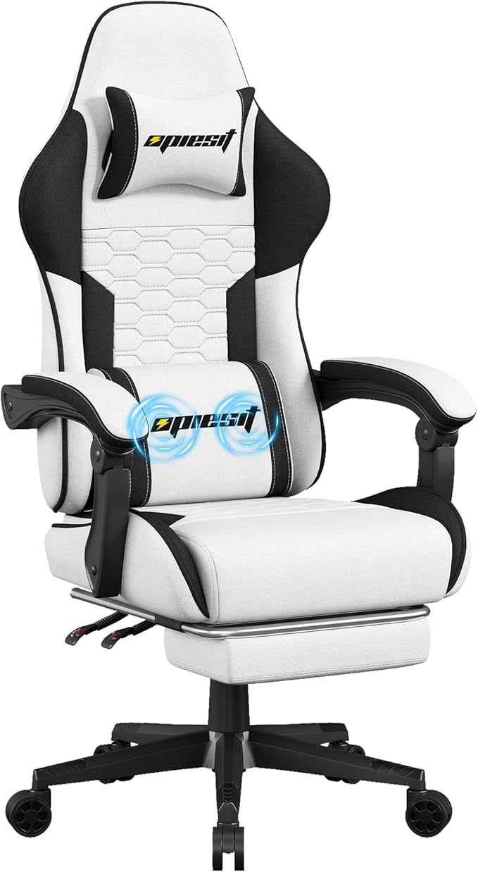 Gaming Chair, Fabric Computer Chairs with Lumbar Support and Massager, Ergonomic Office Chair with Footrest & Pocket Spring Cushion, Bearing 400 LBS（White）
