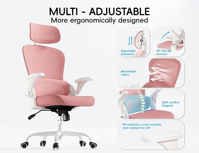 TRALT Office Chair - Ergonomic Office Chair with Back Support, Computer Chair - Home Office Desk Chairs, 330lbs Wide Seat Big and Tall Office Chairs with Headrest, Comfy Desk Chairs (Pink)