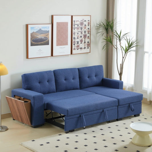 L-Shape Sofa Bed, 92" Sectional Couch with Storage Chaise, Pull Out Sleeper Sofa with Side Compartment, Convertible Corner Couch for Living Room Apartment, Blue