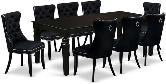 East West Furniture LGDA9-BLK-24 9 Piece Dining Table Set Includes a Rectangle Kitchen Table with Butterfly Leaf and 8 Polyester Fabric Upholstered Chairs, 42x84 Inch, Black