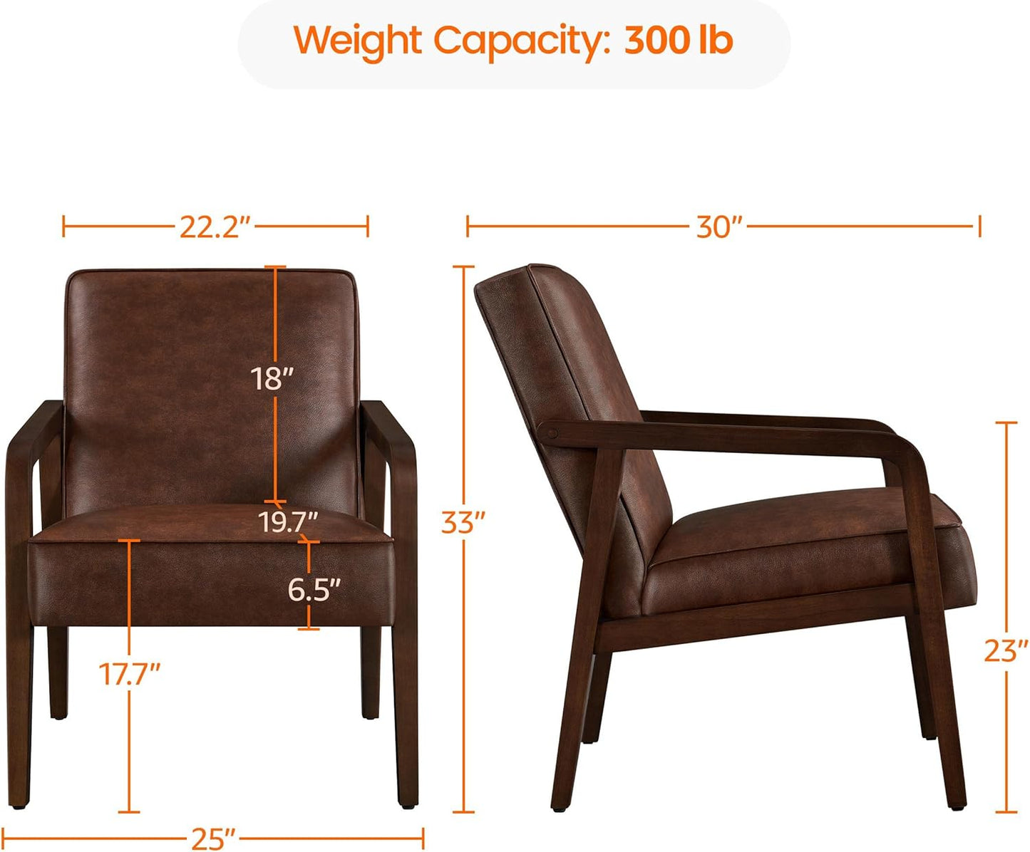 Yaheetech PU Leather Accent Chair, Mid-Century Modern Barrel Chair with Wooden Frame and Soft Thick Padded for Living Room Bedroom Home Office, 2 PCS, Dark Brown