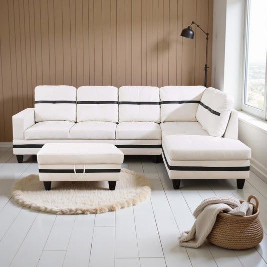 Couches for Living Room PU Leather L Shaped Couch Comfy 3 Pieces Sectional Sofa with Chaise, Ottoman with Storage for Office and Small Apartment, White and Black