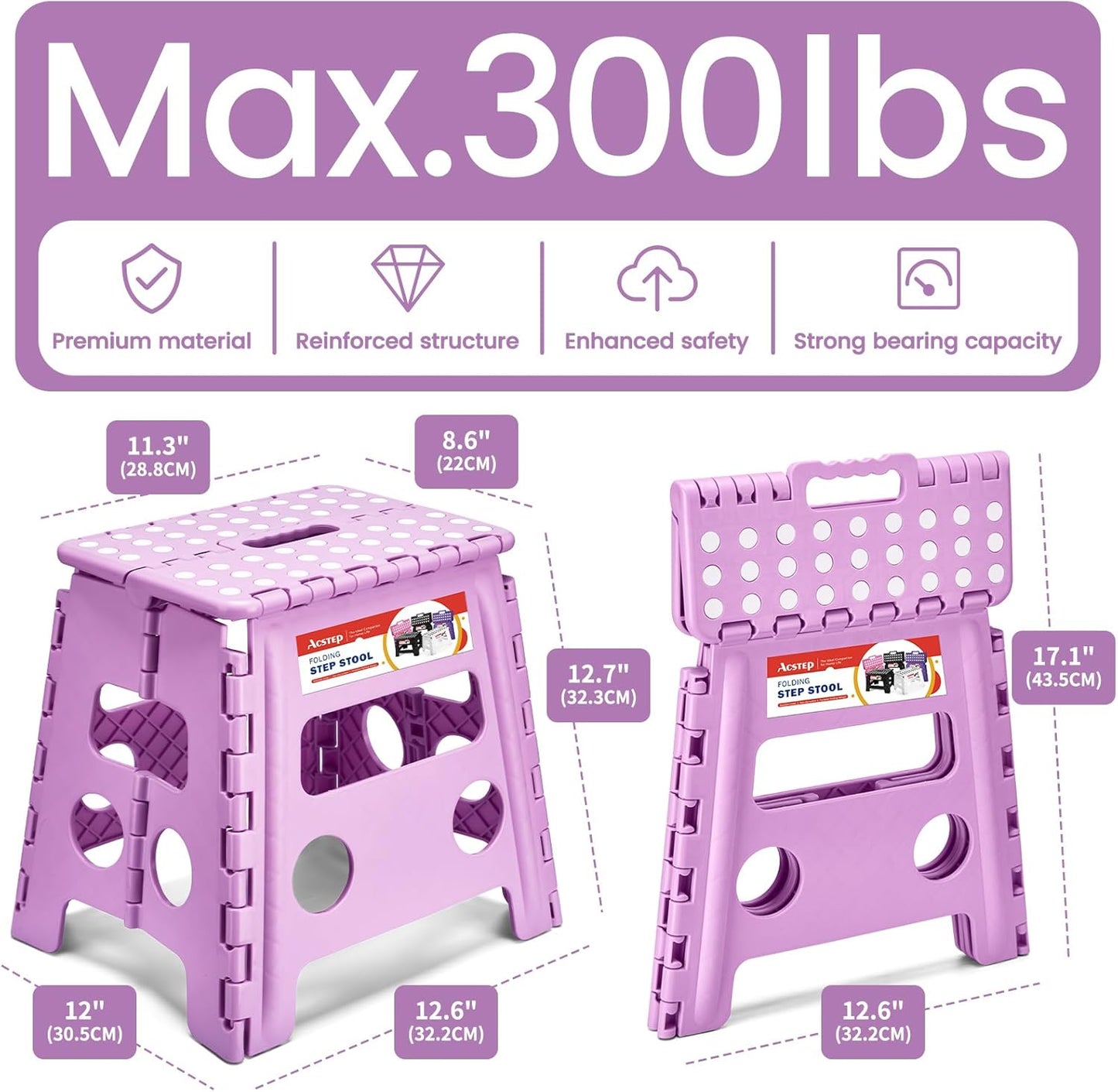 ACSTEP 13 Inch Folding Step Stool,Foldable Step Stools for Kids and Adults 300 LB Capacity, 300 LB Capacit Suitable for Kitchen Fishing (Light Purple)