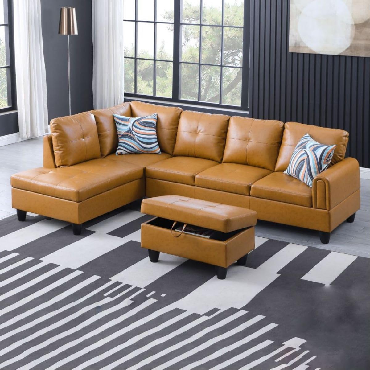Ginger L-Shaped 3-Piece Faux Leather Sofa with Storage Ottoman Set, Sectional Couch Sofa Set for Living Room, Office, Small Space