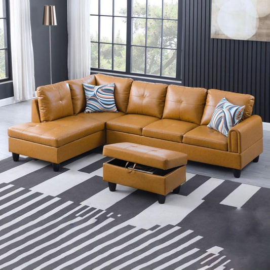 Ginger L-Shaped 3-Piece Faux Leather Sofa with Storage Ottoman Set, Sectional Couch Sofa Set for Living Room, Office, Small Space